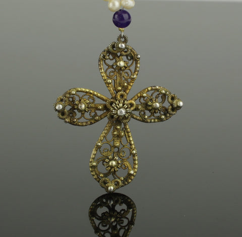 BEAUTIFUL POST MEDIEVAL SILVER GILT CROSS NECKLACE - DATING CIRCA - 16th Century