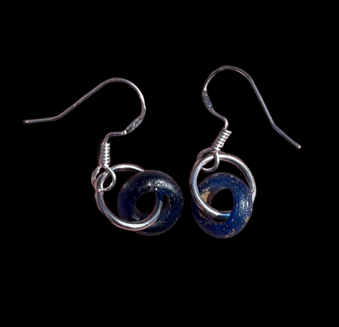 BEAUTIFUL ANCIENT ANGLO SAXON BLUE GLASS BEAD EARRINGS - CIRCA 6TH Century